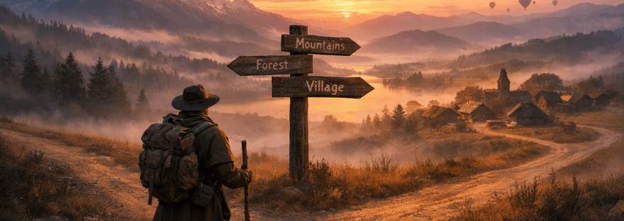 Traveler standing at a fork in a dirt road with signposts pointing to forest, mountains, and village.