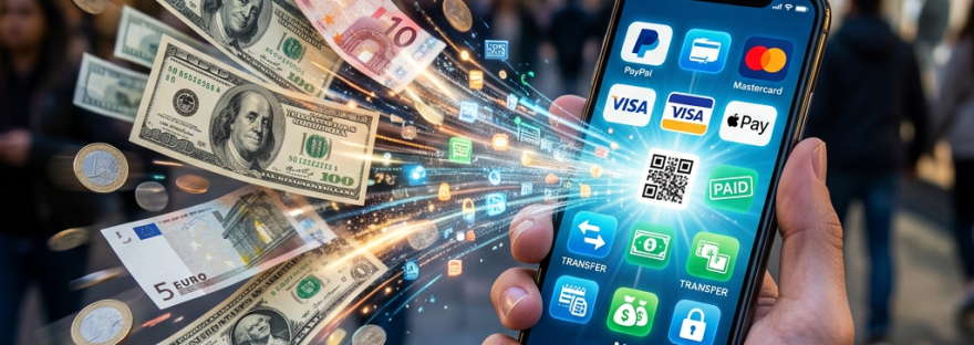 Smartphone screen showing mobile payment apps and icons with digital money transfer