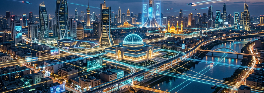 Futuristic cityscape with illuminated skyscrapers, domed buildings, and glowing neon lines representing technology and connectivity