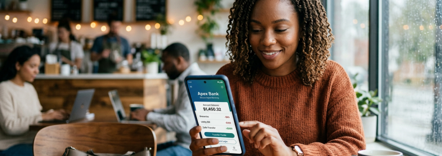 Woman checking Apex Bank app on smartphone in cafe