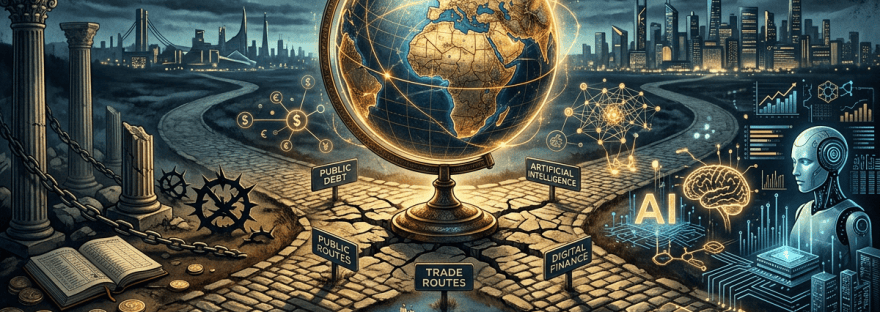 Globe with labels Public Debt, Public Routes, Trade Routes, Artificial Intelligence, Digital Finance, and AI
