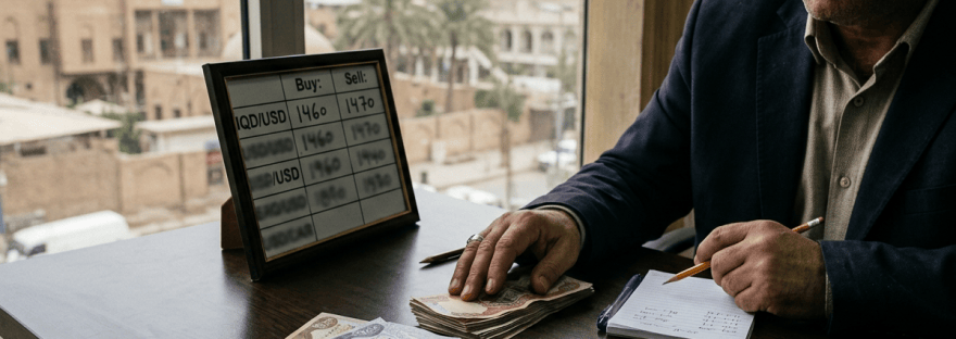 Man counting Iraqi dinars and U.S. dollars at a currency exchange desk