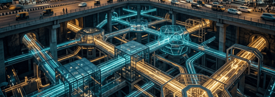 Futuristic illuminated transit network beneath a busy city skyline at dusk