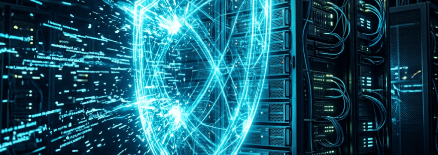 Glowing digital shield protecting a server rack in a data center